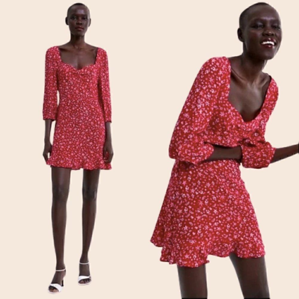 Zara Red & White Ditsy Floral Print Ruffle Mini Dress Size Small